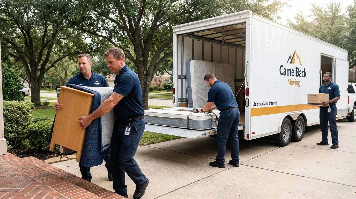 Crew loading residential truck for cross-state move from West Columbia, TX