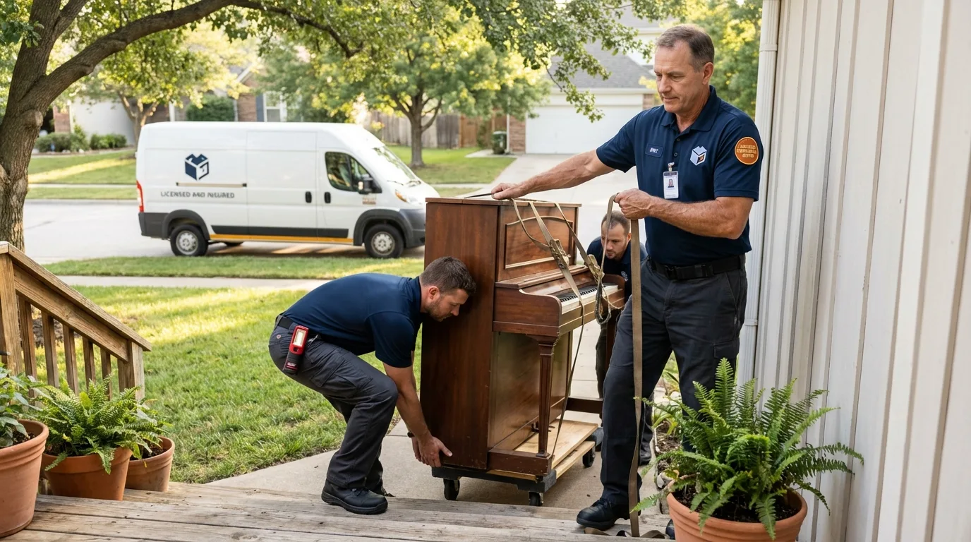 Licensed piano movers securing grand piano in West Columbia, TX