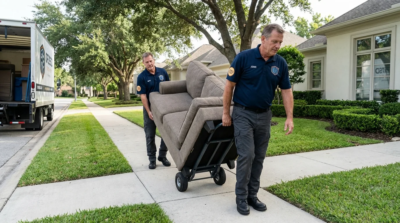 Local residential moving crew loading furniture in West Columbia, TX