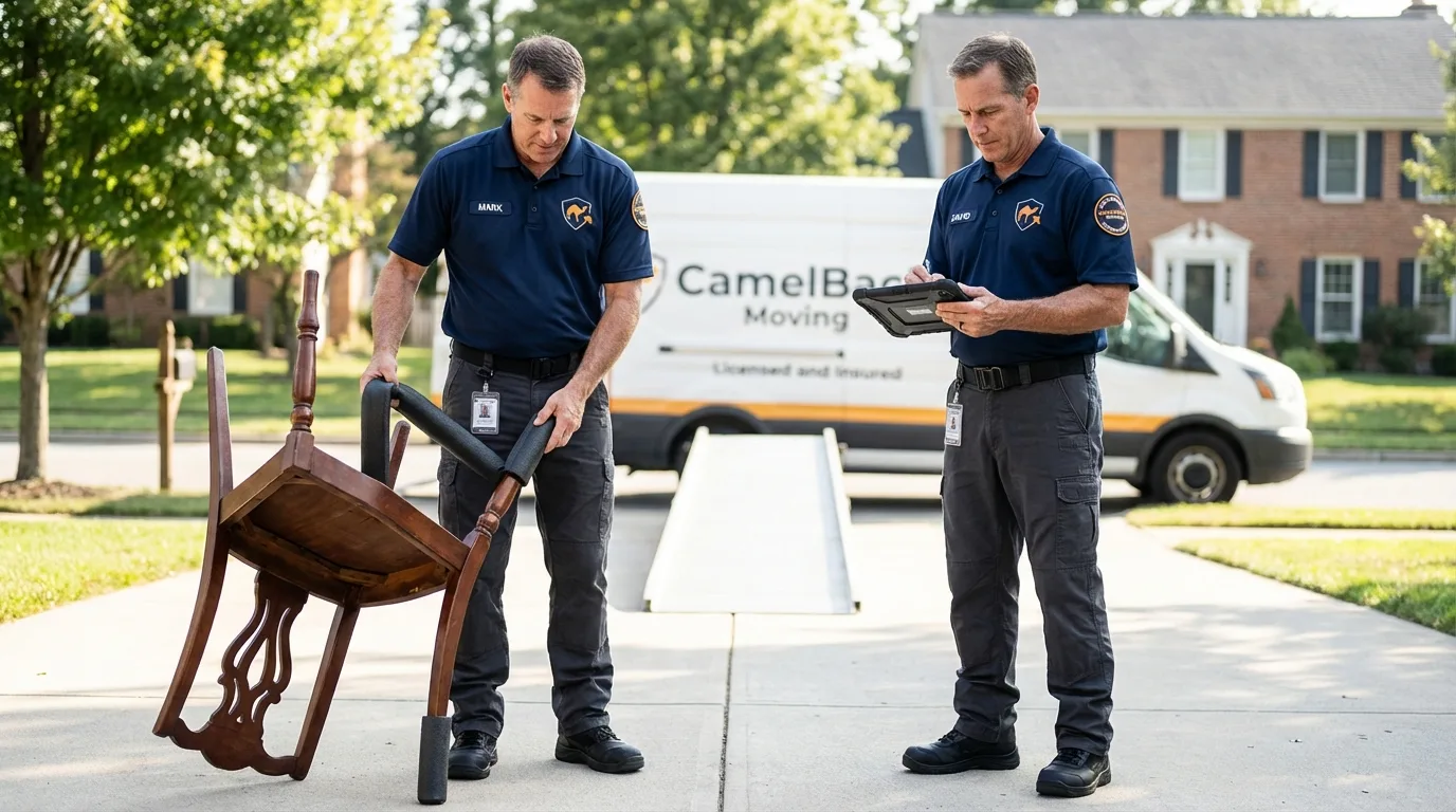 Movers inspecting furniture for damage prevention before loading in West Columbia, TX
