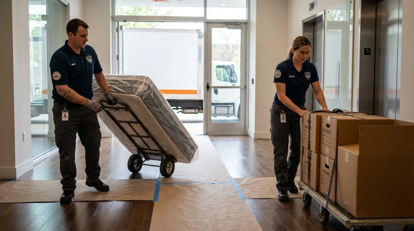Professional apartment movers loading elevator in West Columbia, TX
