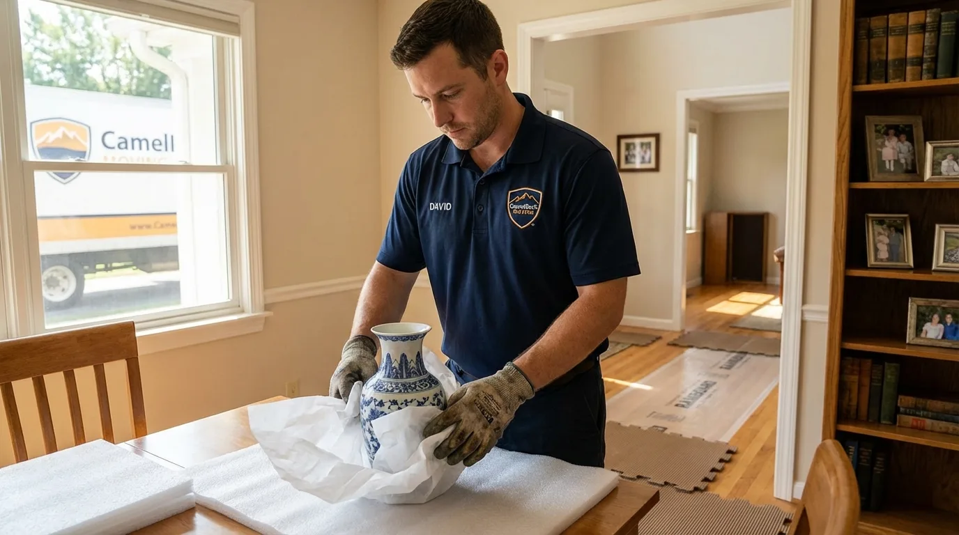 Professional crew carefully wrapping antique vase for senior downsizing move in West Columbia, TX