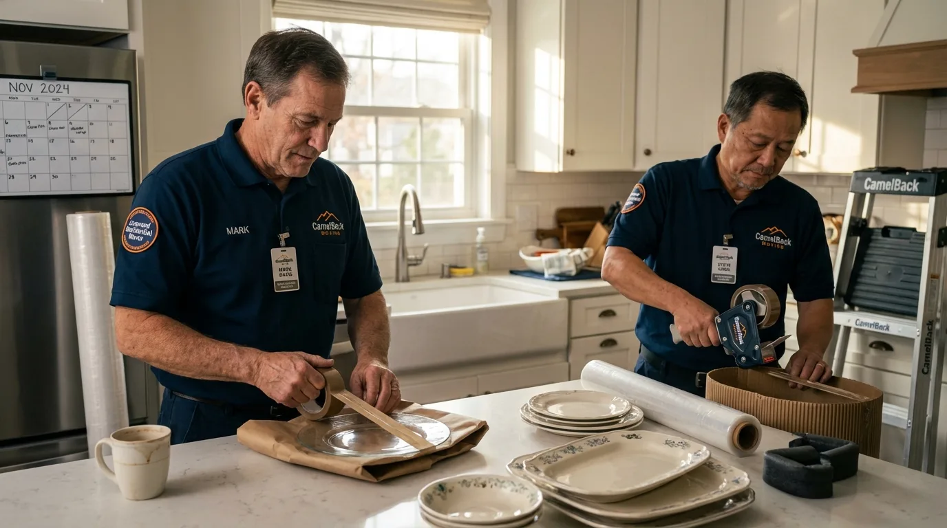 Professional crew packing kitchen dishware in West Columbia, TX